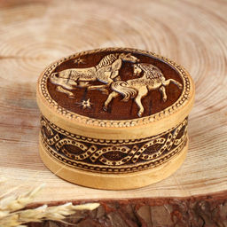 Шкатулка Лошадки, круглая, береста, микс
