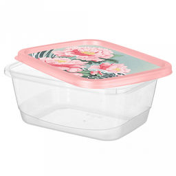 Контейнер для продуктов пластмассовый 0,5л, 13,8х10,6х5,6см, прямоугольный, с декором Сад пионов, розовый (Россия) - Домашняя Мода фото 2