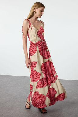 TRENDYOLMILLA Camel Leopar Desenli Kruvaze Y?rtmac Detayl? Maxi Dokuma Elbise TWOSS23EL01892  фото 8