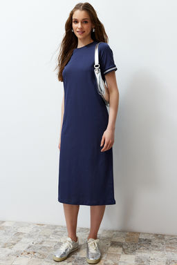 TRENDYOLMILLA Lacivert Triko Bant Detayl? Bisiklet Yaka K?sa Kol Esnek Midi Orme Maxi Elbise TWOSS24EL00121  фото 6
