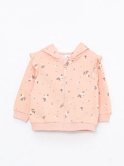 Kap??onlu Uzun Kollu Bask?l? K?z Bebek Fermuarl? Sweatshirt