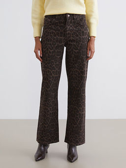Straight Fit Leopar Desenli Kad?n Jean Pantolon