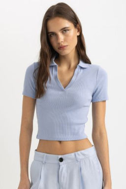 Slim Fit Dar Kesim Fitilli Kaskorse K?sa Kollu Polo Tisort