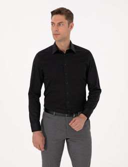 Siyah %100 Pamuk Parlak Saten Slim Fit Uzun Kollu Basic G_mlek