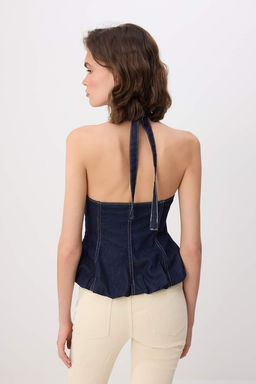 Koyu Mavi Halter Yaka Balon Denim Bluz TWOSS26BZ00705 - Trendyolmilla фото 9