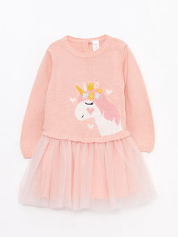 Bisiklet Yaka Uzun Kollu Desenli K?z Bebek Triko Elbise