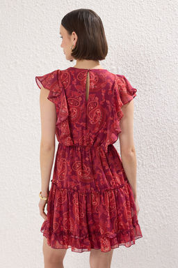 TRENDYOLMILLA Bordo Etnik Desenli Belden Ac?lan F?rf?rl? Mini Sifon Astarl? Dokuma Elbise TWOSS24EL00745  фото 4