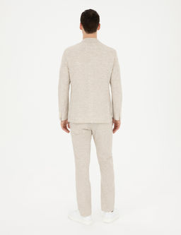 Bej Slim Fit Keten Kar___ml_ _izgili Tak_m Elbise