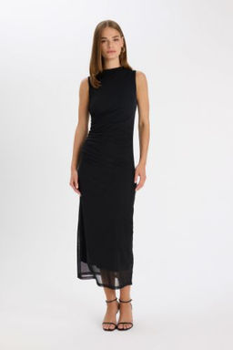 Bodycon Vucudu Saran Yar?m Bal?kc? Yaka Basic Duz Tul Kolsuz Maxi Siyah Elbise