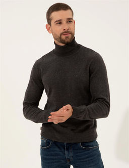 Gri Melanj Slim Fit Bal_k__ Yaka Basic Triko Kazak