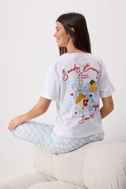 Ekru-Mavi %100 Pamuklu Bask_l_ ve Ekoseli _rme Pijama Tak_m_ THMSS26PT00097