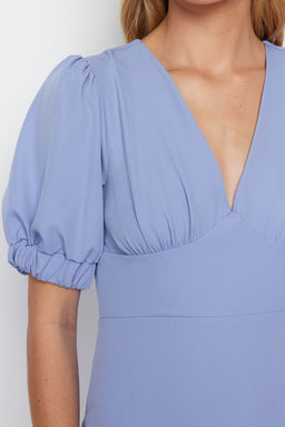 Mavi A Kesim S?rt Datayl? Balon Kollu Mini Dokuma Elbise TWOSS24EL00652