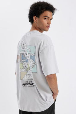 Avatar the Last Airbender Gri Oversize Genis Kal?p Bisiklet Yaka S?rt Bask?l? K?sa Kollu Tisort
