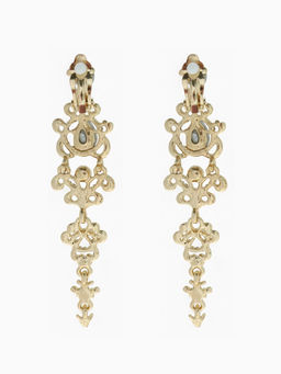 Клипсы для ушей висячие со стразами QF Ажур, капли с завитками, цвет бело-синий в золоте