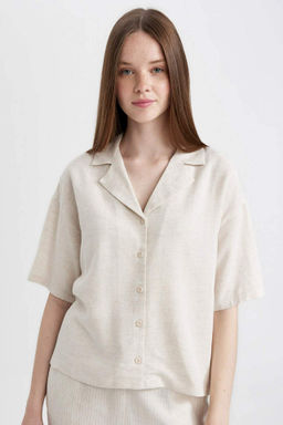 Relax Fit Ceket Yaka K?sa Kollu Keten Gomlek - Defacto фото 2