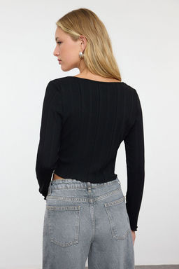 Siyah Fitted/Vucuda Oturan Havuz Yaka Uzun Kollu Esnek Orme Bluz TWOAW25BZ00202 - Trendyolmilla фото 5