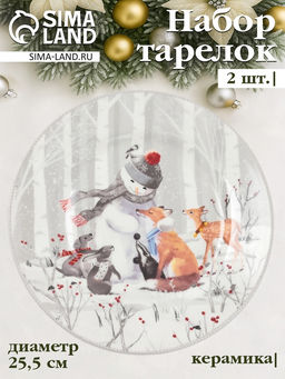 Набор тарелок новогодних Снежные забавы, 2 шт., d=25.5 см, керамика, подарочная упаковка, белый