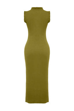 Yag Yesili F?rf?r Detayl? Fitilli Vucuda Oturan Midi Esnek Orme Kalem Elbise TWOSS22EL1569