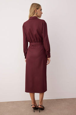 Bordo Kemerli Cep Detayl? Premium Kumas Midi Dokuma Elbise TWOAW26EL00118 - Trendyolmilla фото 4