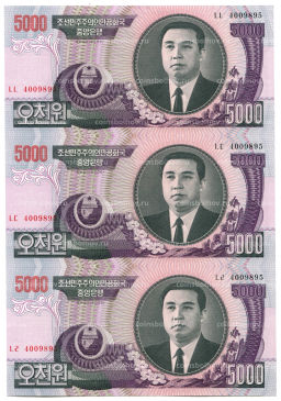 5000 вон 2006 года Северная Корея  Лист из трех банкнот