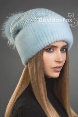 Шапка Оливия норка трикотаж голубая