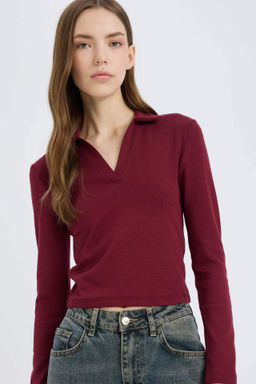 Fitted Polo Yaka Basic Duz Modal Uzun Kollu Tisort - Defacto фото 2