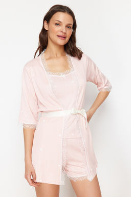 Trendyolmilla Pembe 5li Kusakl? Kurdele/Fiyonklu Fitilli Sortlu Orme Sabahl?kl? Pijama Tak?m? THMSS24PT00380  фото 7