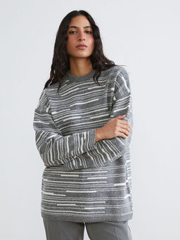 Bisiklet Yaka ?izgili Oversize Kad?n Triko Kazak