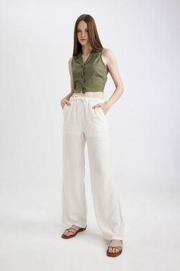 Wide Leg Genis Bol Paca Uc Cepli Normal Bel Basic Duz Standart Boy Keten Kar?s?ml? Pantolon - Defacto фото 4