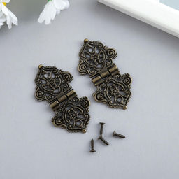 Цена за 3 шт. Петля для шкатулки металл "Узорная с цветами" бронза + гвозди набор 2 шт 5,3х2,8 см