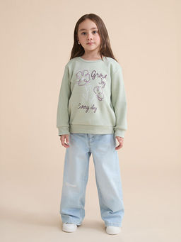 Bisiklet Yaka Bask?l? K?z ?ocuk Kal?n Sweatshirt