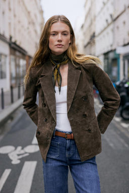 100% LEATHER DOUBLE-BREASTED BLAZER - Zara фото 2