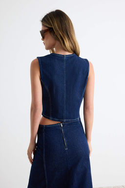 Koyu Mavi Az Esnek Fitted Denim Yelek TWOAW27YE00025