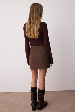 Koyu Kahverengi Yuksek Bel A-Line Mini Dokuma Etek TWOSS22ET0136