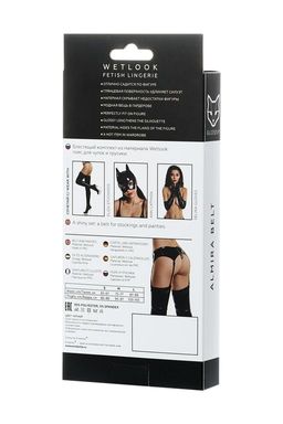 Комплект Glossy ALMIRA из материала Wetlook (пояс с пажами для чулок и трусики), черный, M