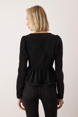 EXCLUSIVE Siyah Kadife Dar Kal?p Kus Gozu Detayl? Peplum Dokuma Bluz TWOAW26BZ00264 - Trendyolmilla фото 5