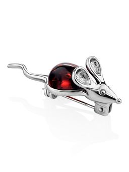 Милая брошь из серебра с натуральным янтарём вишнёвого цвета Мышь, 607910031