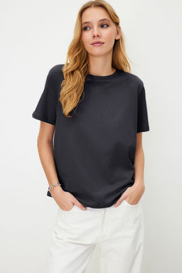 Antrasit %100 Pamuk Basic Bisiklet Yaka Orme T-Shirt TWOSS23TS00000