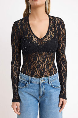 Siyah Tasl? Dantel V Yaka Astars?z Party Body TPRSS26BD00005 - Trendyolmilla фото 3