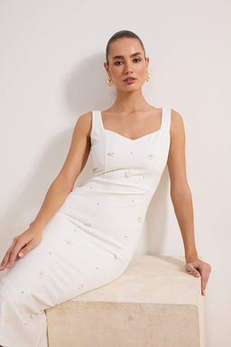 Beyaz Cicek Aplike Detayl? Astarl? Dokuma Dugun/Nikah Elbise TPRSS26EL00045