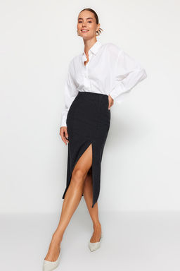 Siyah Kase Kumas Y?rtmac Detayl? Midi Dokuma Etek TWOAW24ET00231