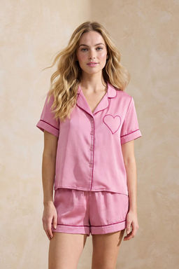 Pembe Biye ve Kalp Detayl_ Saten Dokuma Pijama Tak_m_ THMSS26PT00233 - Trendyolmilla фото 2