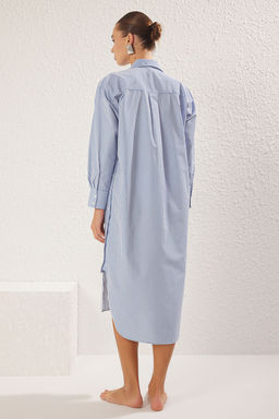 Trendyolmilla Mavi Cizgili Midi Dokuma Plaj Elbisesi TBESS25EL00024 фото 5