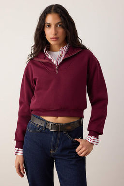Bordo Kal?n Ici Polarl? Dik Yaka Yar?m Pat Fermuar? Crop Orme Sweatshirt TWOAW26SW00233