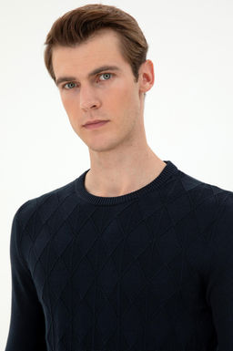 Erkek Slim Fit Bisiklet Yaka Lacivert Kazak