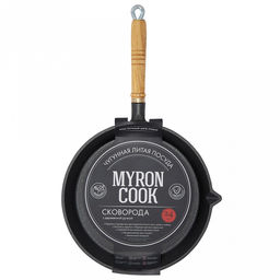 Сковорода чугунная д24см, h6см, длина 45см, деревянная ручка, "My Real Iron Cook" (Китай)