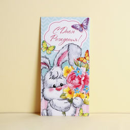 Цена за 10 шт. Конверт для денег С Днем Рождения, зайка с букетом, 16,5 8 см