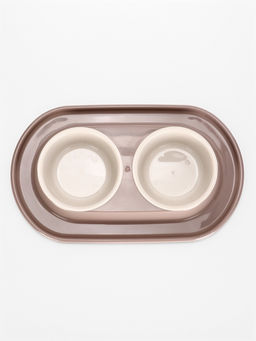 Миска двойная для животных «Мур-мяу», 300 мл, на подставке, пластик, бежевая