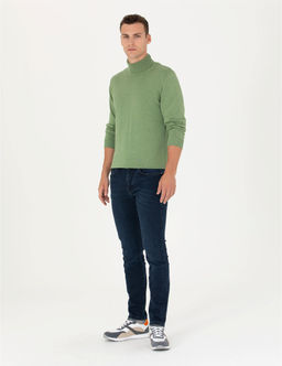 Koyu Ye_il Melanj Slim Fit Bal_k__ Yaka Basic Triko Kazak