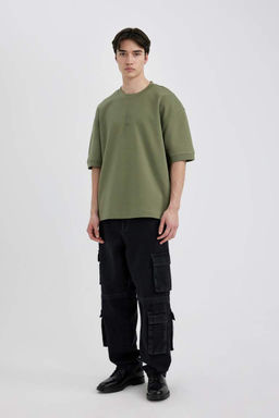 Loose Fit Bisiklet Yaka Bask?l? K?sa Kollu Ag?r Kumas Tisort - Defacto фото 4